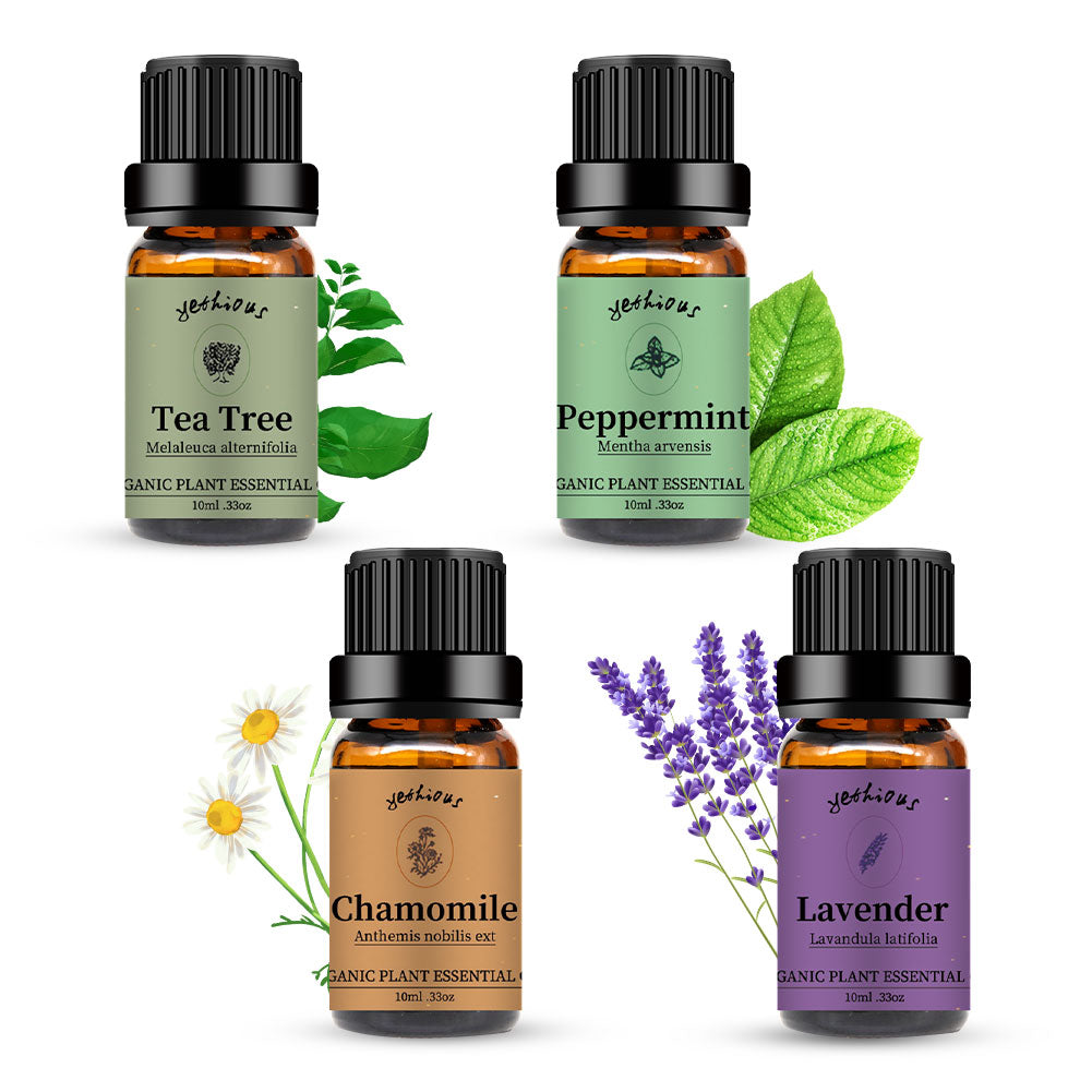 4 Pack Essential Oils Set (Chamomile,Peppermint,Tea Tree,Lavender)