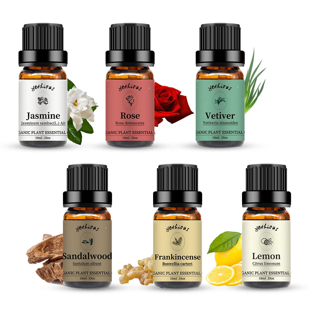 6 Pack Essential Oils Set(Jasmine Lemon Vetiver Rose Frankincense Sandalwood)