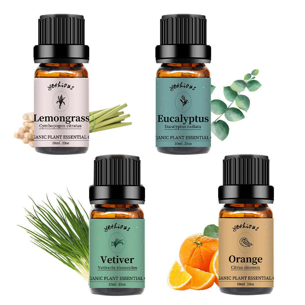 4 Pack Essential Oils Set(Orange Lemongrass Vetiver Eucalyptus)