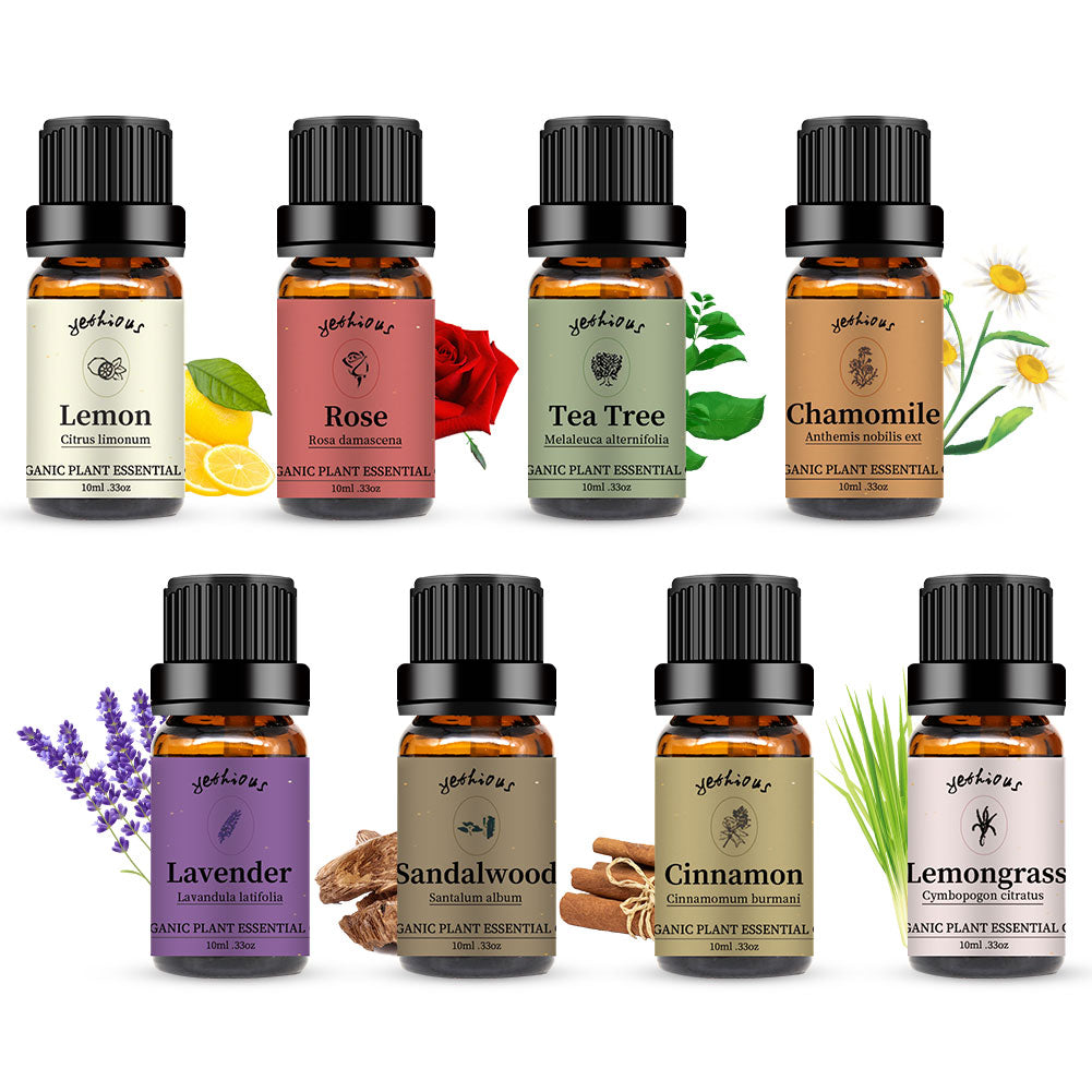 8 Pack Essential Oils Set(Sandalwood Lavender Lemon Rose Chamomile Tea Tree Cinnamon Lemongrass)